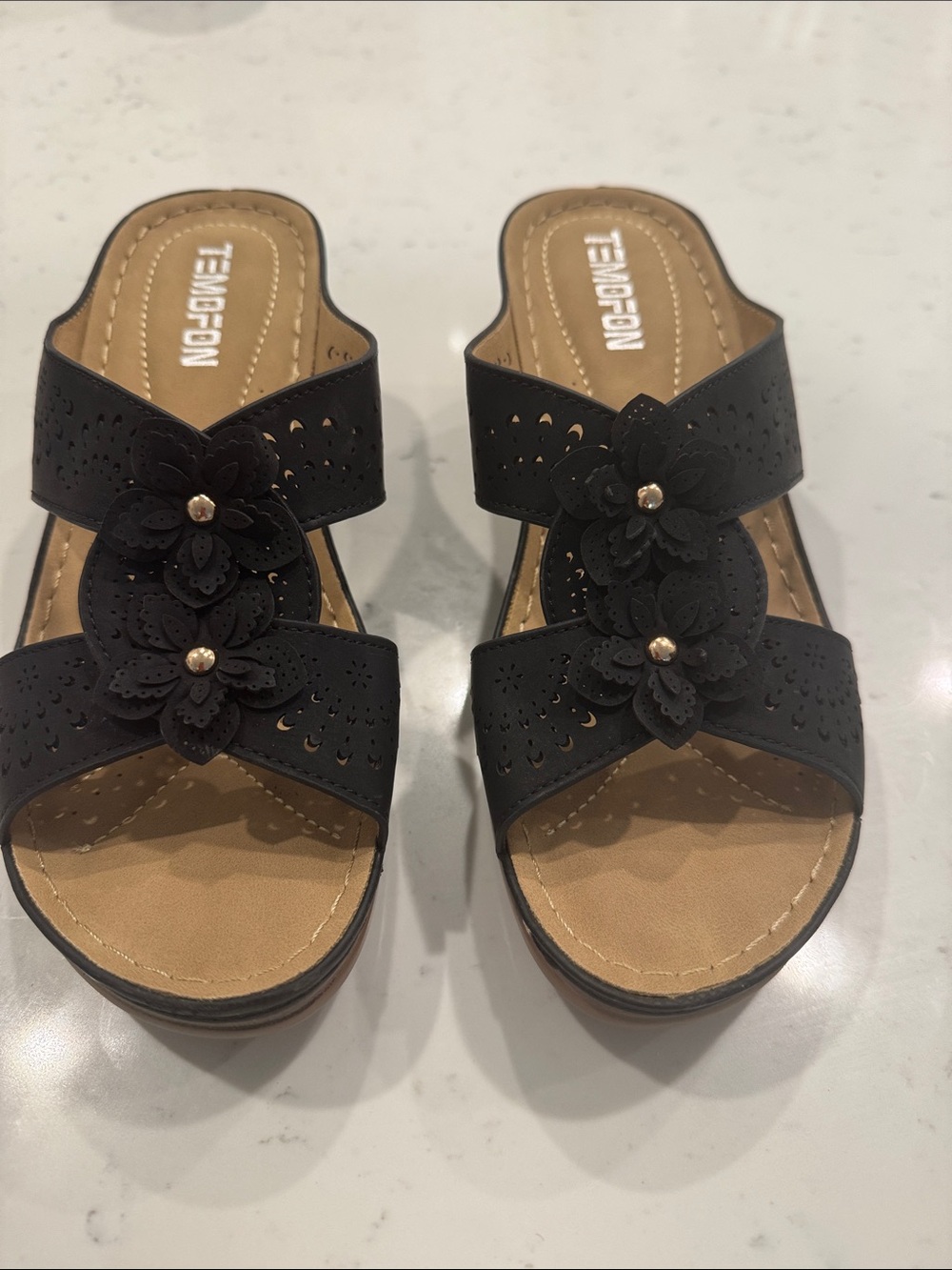Temofon Black Floral Cutout Slide Mules for Women
